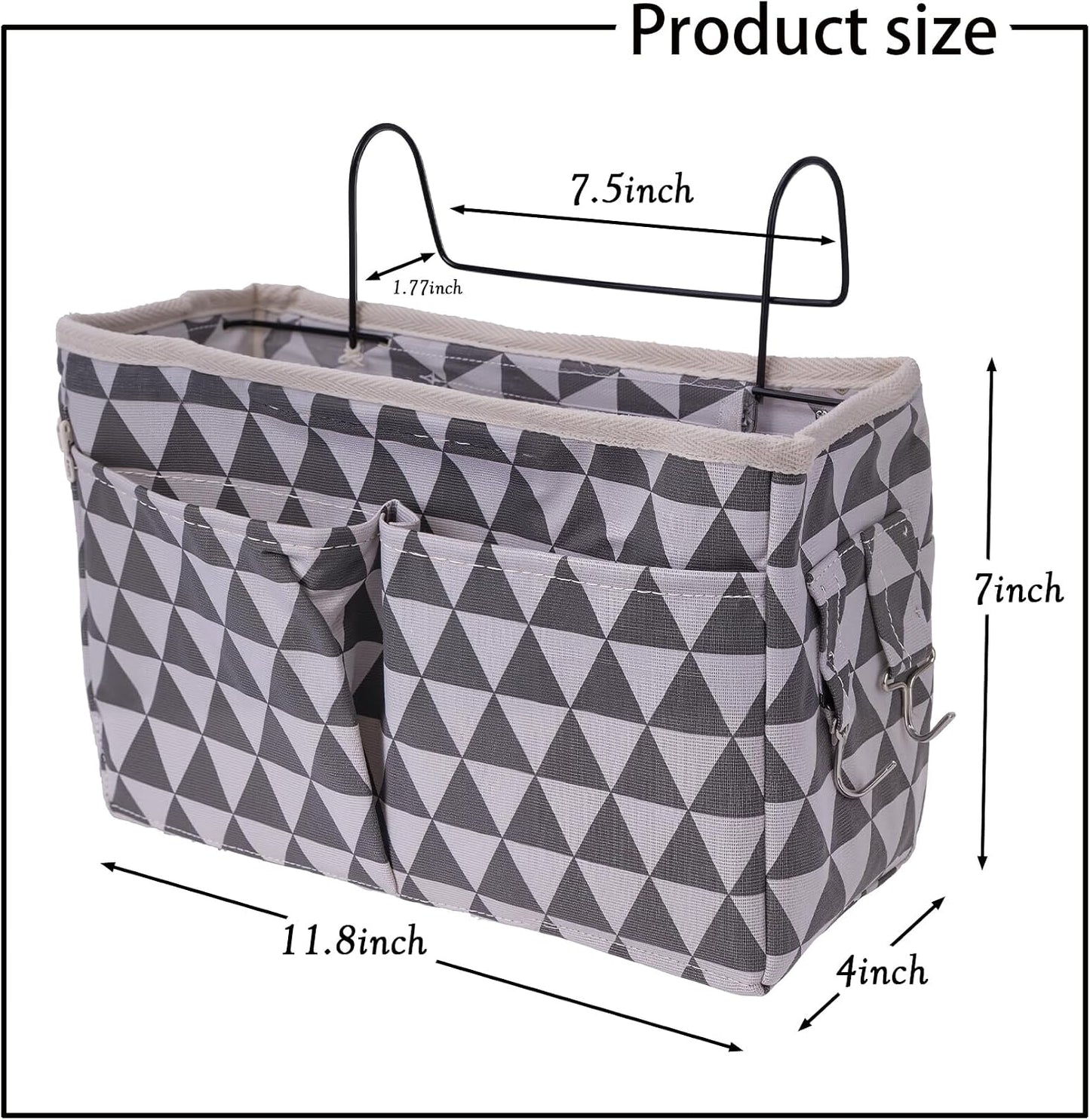 Bedside Caddy Organizer Hanging Storage Basket with Large Pockets & Hooks, Heavy-Duty Canvas Bedside Organizer for Bunk Beds, Dorm Rooms, Hospital Beds & Small Spaces (Gray Triangle Pattern)