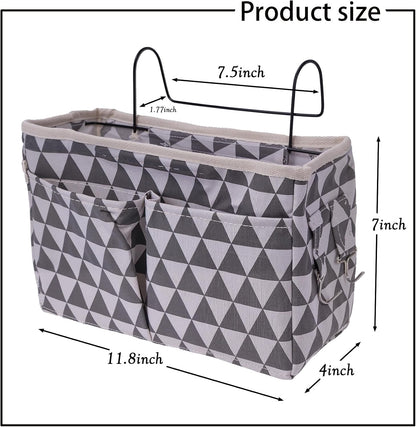 Bedside Caddy Organizer Hanging Storage Basket with Large Pockets & Hooks, Heavy-Duty Canvas Bedside Organizer for Bunk Beds, Dorm Rooms, Hospital Beds & Small Spaces (Gray Triangle Pattern)
