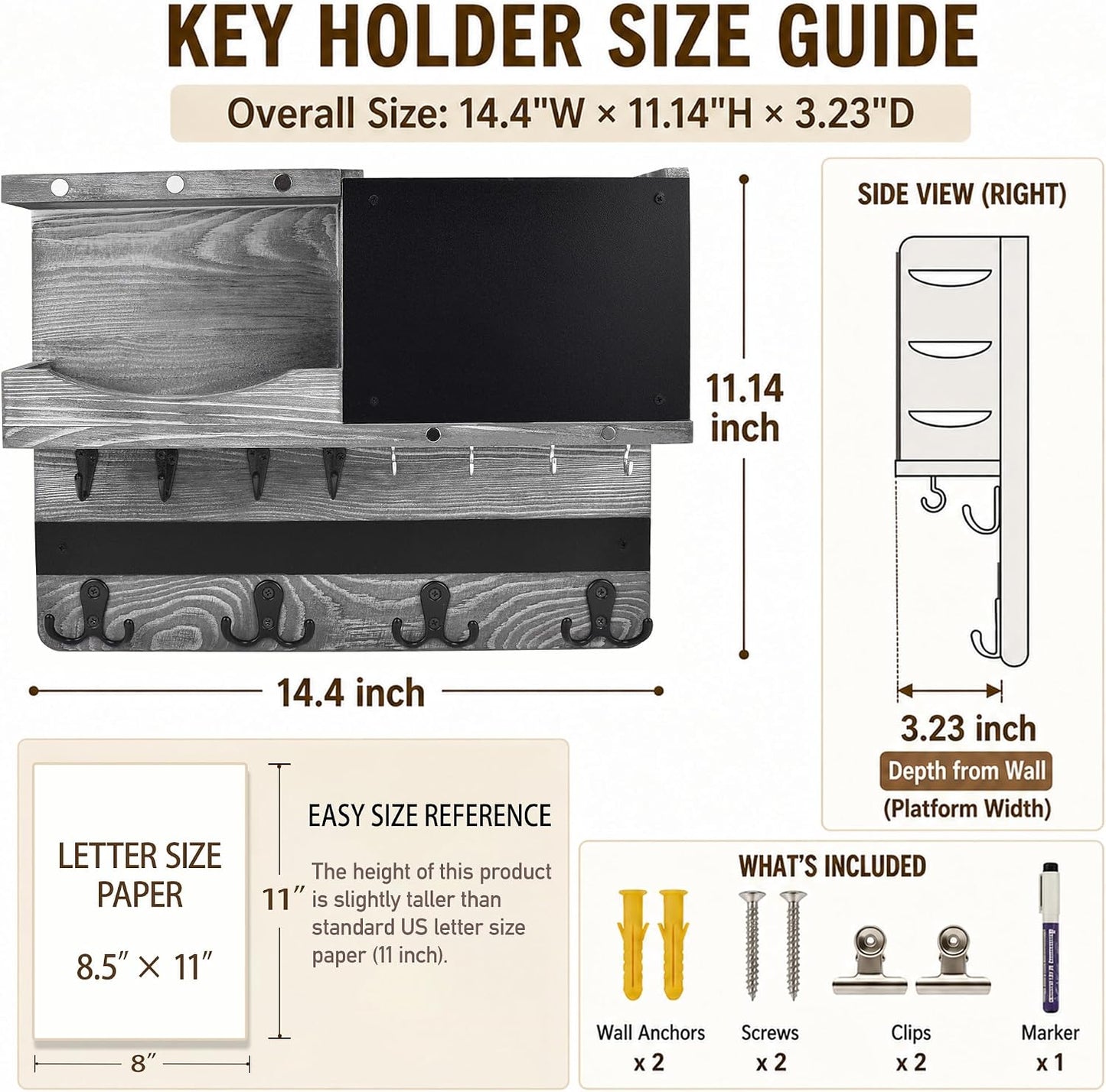 Key Holder for Wall Mount with Shelf and Mail Organizer, Key and Mail Holder with 16 Hooks, Farmhouse Entryway Organizer, Home Decor Rack (Pine Wood, White Washed)