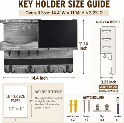 Key Holder for Wall Mount with Shelf and Mail Organizer, Key and Mail Holder with 16 Hooks, Farmhouse Entryway Organizer, Home Decor Rack (Pine Wood, White Washed)