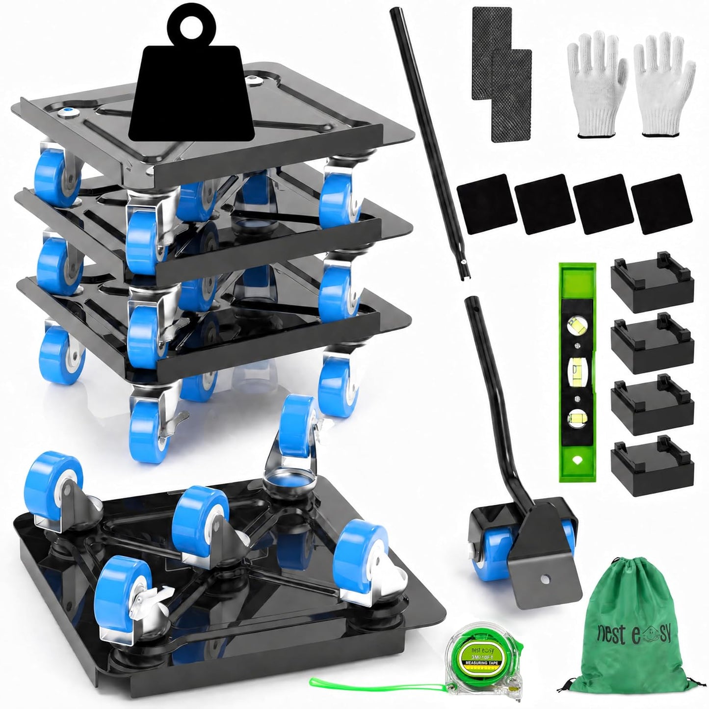 Heavy Duty Furniture Dolly 360 Rotate 5 Wheels 3000 Lbs Capacity 5.3x5.3 in | Furniture Movers with Green Wheels, Measure Tape & Leveler, Alloy Steel Furniture Lifter Tool for Smooth Home & Office Uses