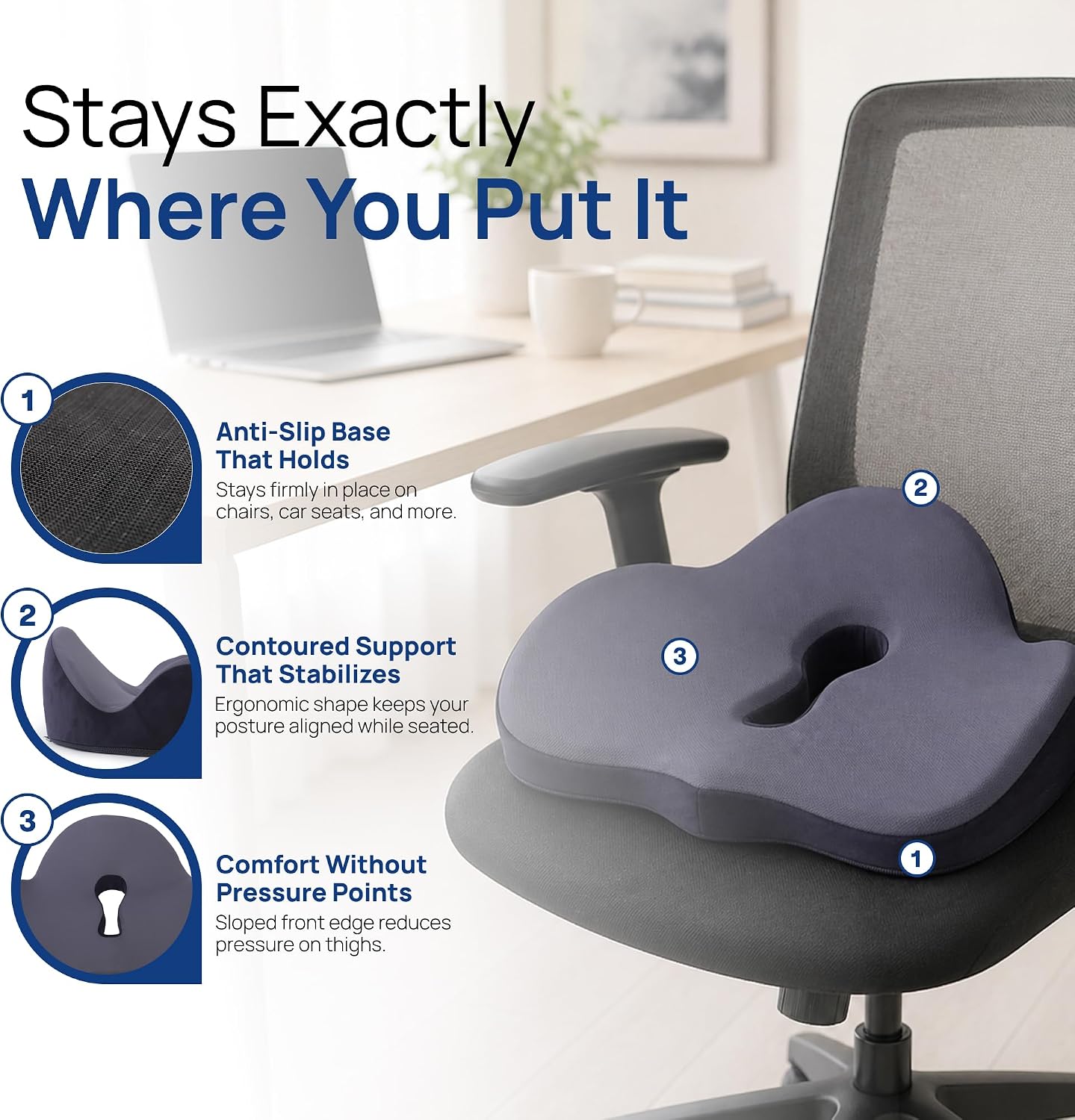 evori Comfort Cushion, Memory Foam Tailbone Seat Cushion for Office Chair | Contoured nonslip coccyx cutout pad for posture and lower back support, machine washable cover, desk, car and gaming chairs