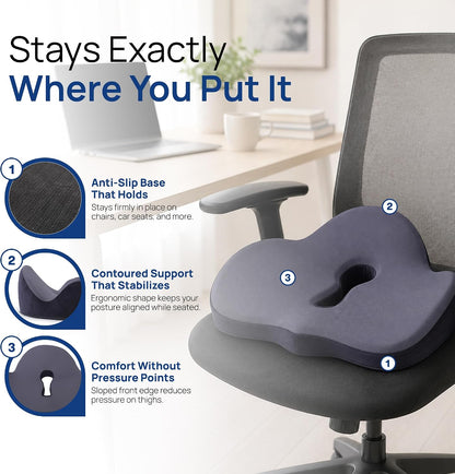 evori Comfort Cushion, Memory Foam Tailbone Seat Cushion for Office Chair | Contoured nonslip coccyx cutout pad for posture and lower back support, machine washable cover, desk, car and gaming chairs