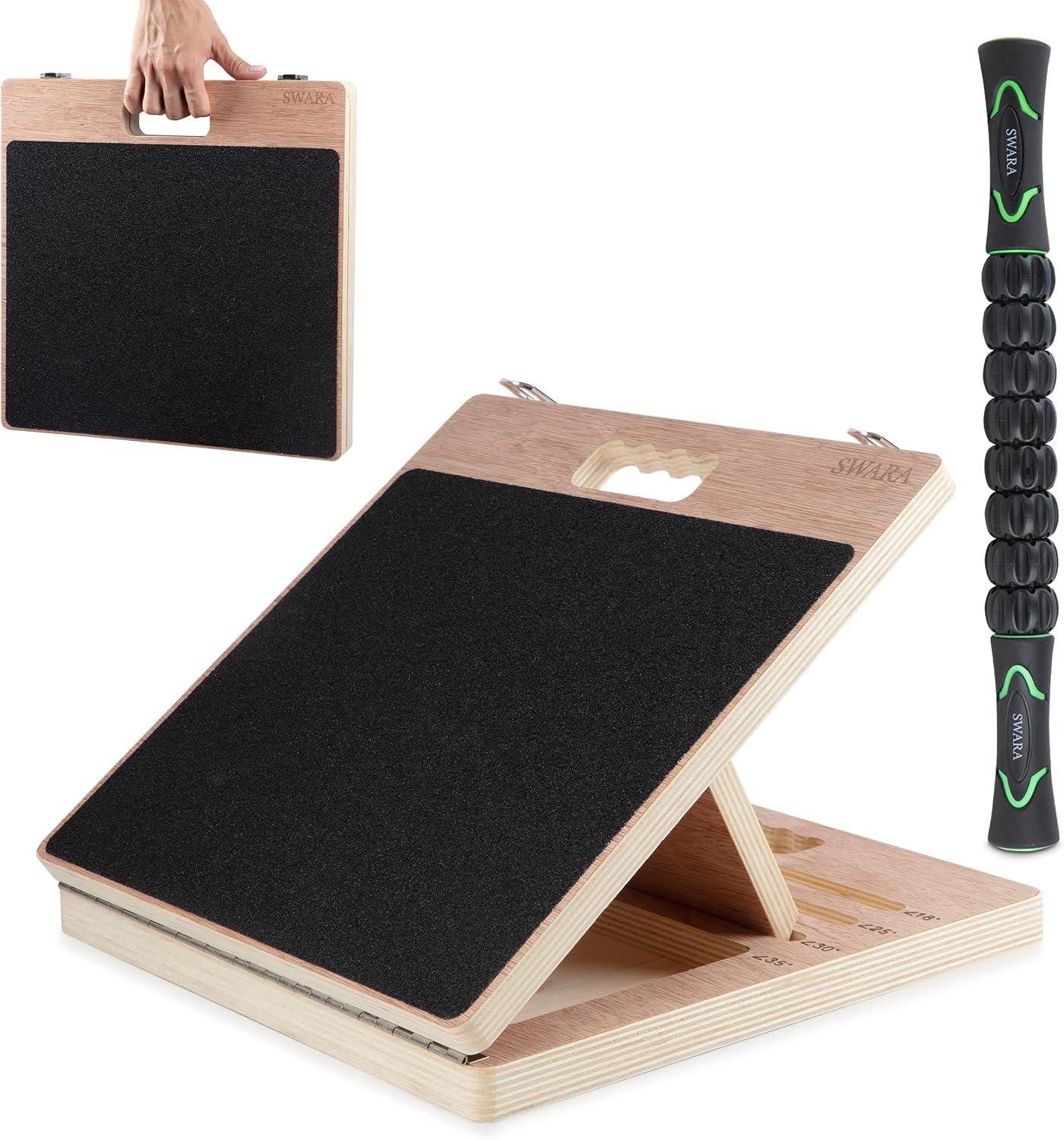 Swara 17″ Wide Wooden Slant Board for Calf Stretching & Squats, Foldable | Adjustable Calf Stretcher with Thicker Base, Foldable Wide Slant Board, Exercise Guide, Free Muscle Roller and 400lb Capacity