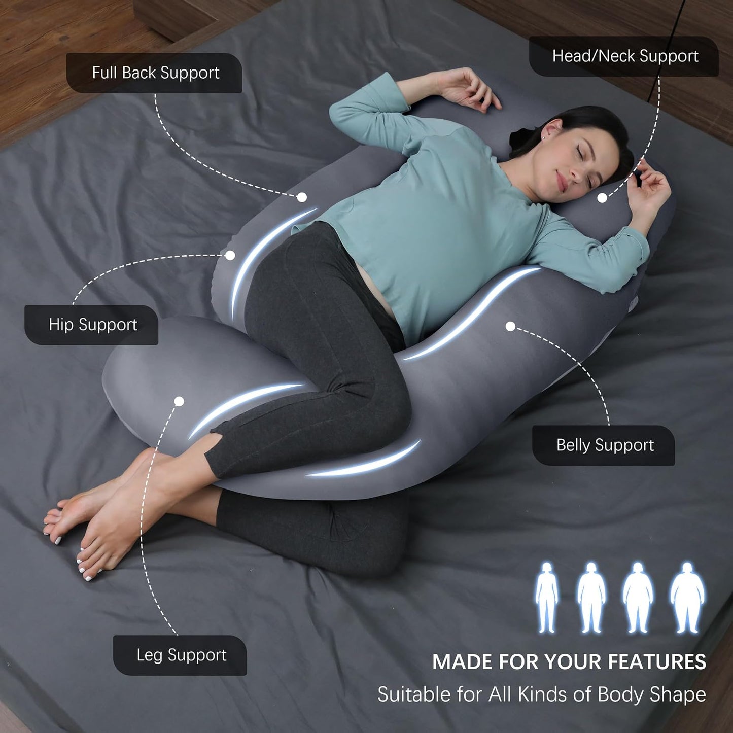 MOON PARK Pregnancy Pillows for Sleeping - 57 Inch U Shaped Full Body Maternity Pillow with Removable Cover - Support for Back, Legs, Belly, Hips - Pregnancy Pillow for Women - Grey