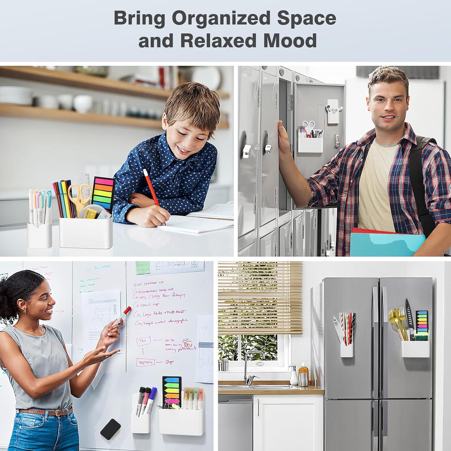 MoKo Magnetic Pen Holder, Pencil Accessories Whiteboard Organizer, White | Magnetic dry erase marker holder has two compartments and an ABS body for whiteboards, refrigerators and lockers.