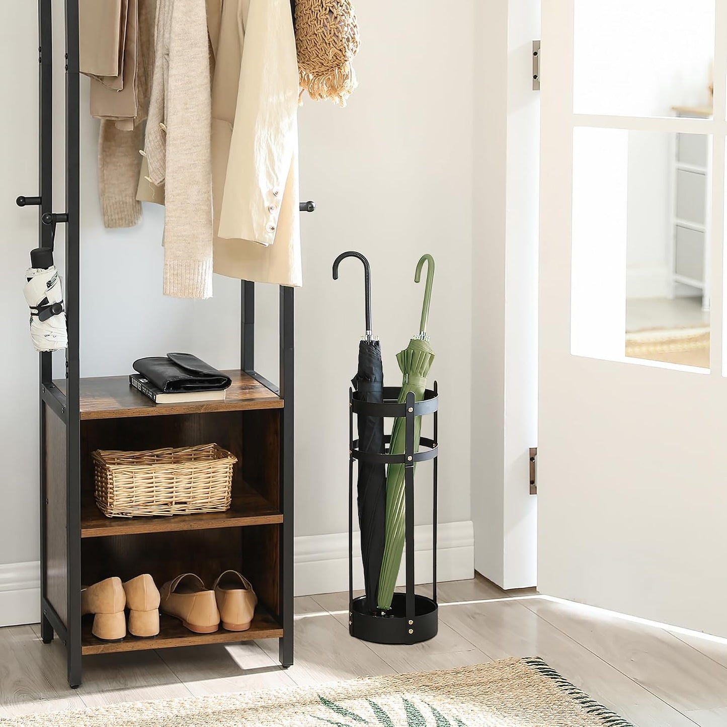 SONGMICS Umbrella Stand, Metal Umbrella Holder for Entryway, with Water Tray and 4 Hooks, 7.7 x 7.7 x 19.3 Inches, Round, Ink Black ULUC23B