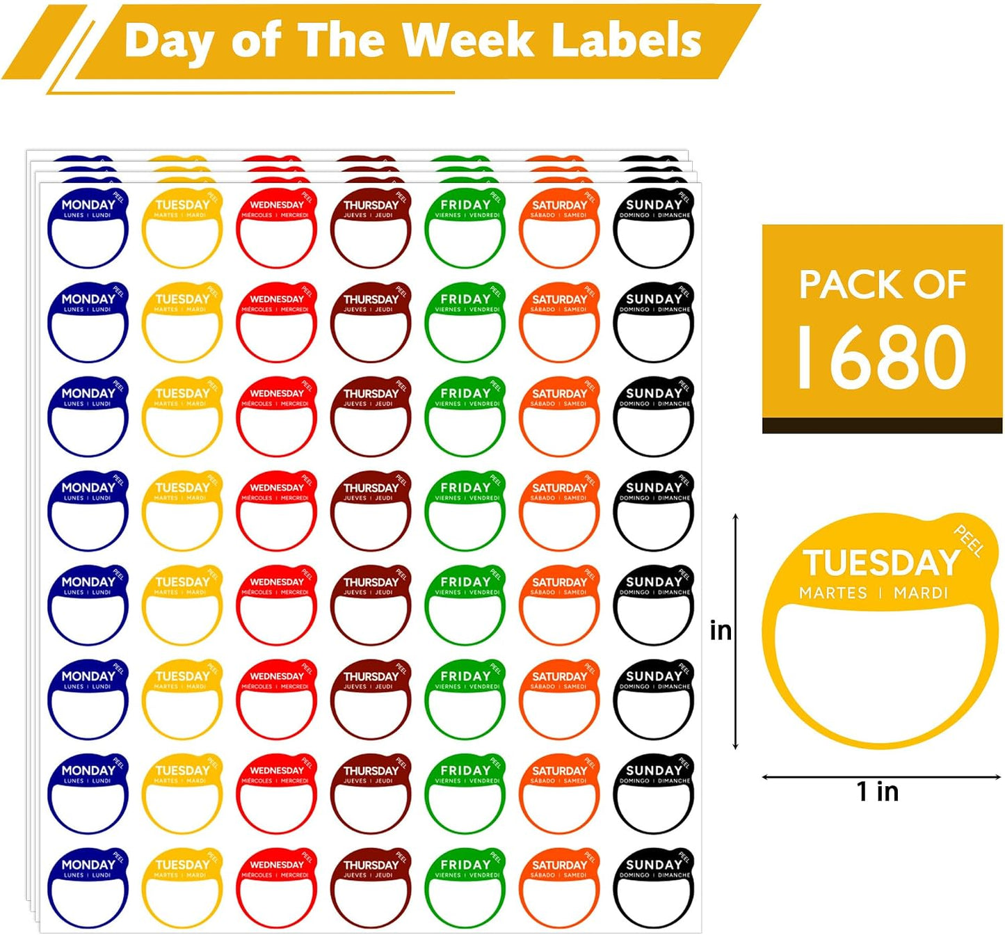 1680 Pcs 1" Square Day of The Week Labels, Removable & Writable Food Stickers in English/Español/Français for Restaurant Kitchen Containers and Inventory Management (Inches, 1 x 1)