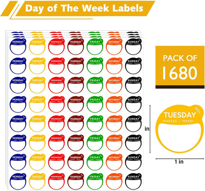 1680 Pcs 1" Square Day of The Week Labels, Removable & Writable Food Stickers in English/Español/Français for Restaurant Kitchen Containers and Inventory Management (Inches, 1 x 1)