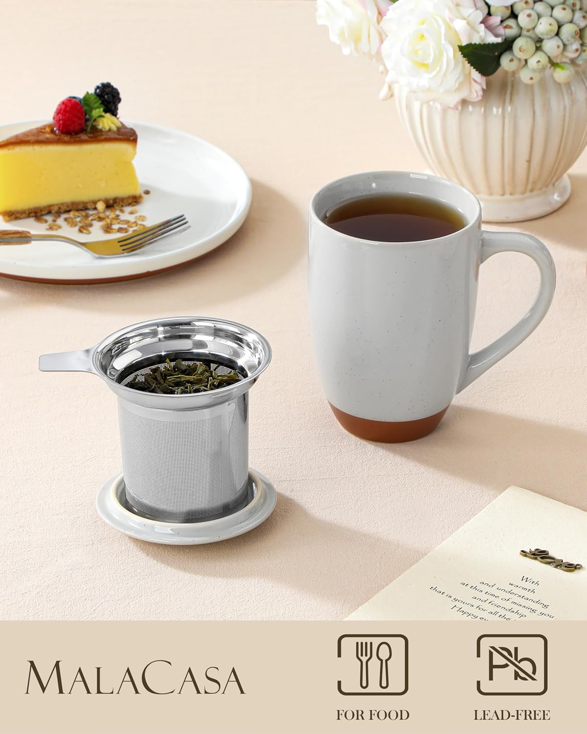 MALACASA Ceramic Tea Mug with Lid and Stainless Steel Infuser, 18 oz Large Tea Cup for Loose Leaf Tea, Heat-Resistant, Microwave & Dishwasher Safe, Speckled Glaze Coffee & Tea Brewer Mug, Khaki Brown