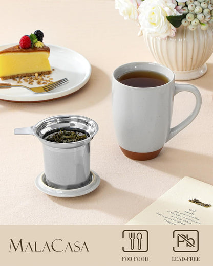 MALACASA Ceramic Tea Mug with Lid and Stainless Steel Infuser, 18 oz Large Tea Cup for Loose Leaf Tea, Heat-Resistant, Microwave & Dishwasher Safe, Speckled Glaze Coffee & Tea Brewer Mug, Khaki Brown