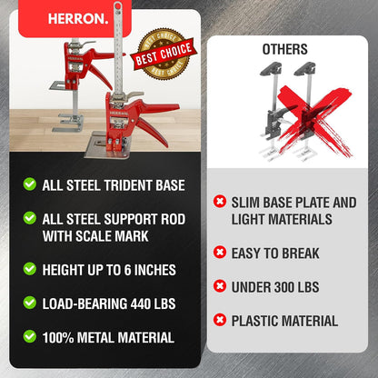 HERRON Labor Saving Arm Jack 2-Pack, 440 lbs Cabinet Lifter, 6 inch Lift | Built-in measuring scale, all-steel construction, one-hand pump operation, for cabinets, doors, drywall and flooring