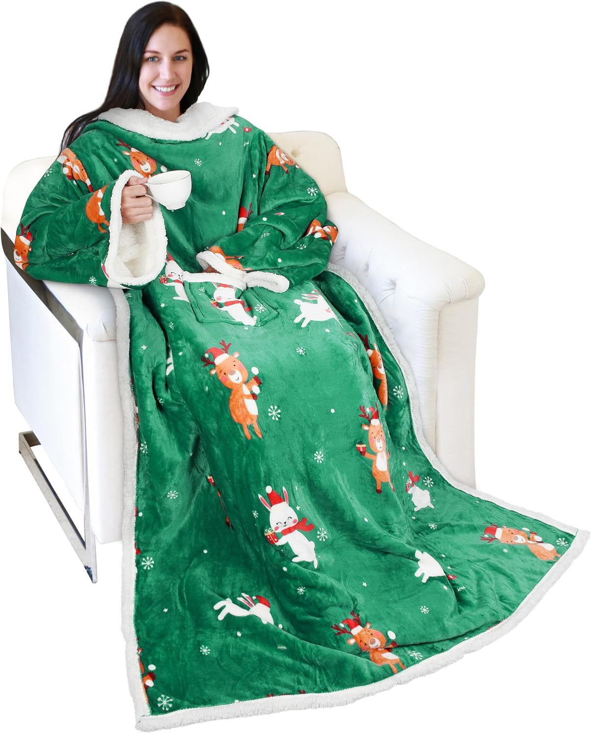 Catalonia Sherpa Wearable Blanket with Sleeves and Pocket for Adults