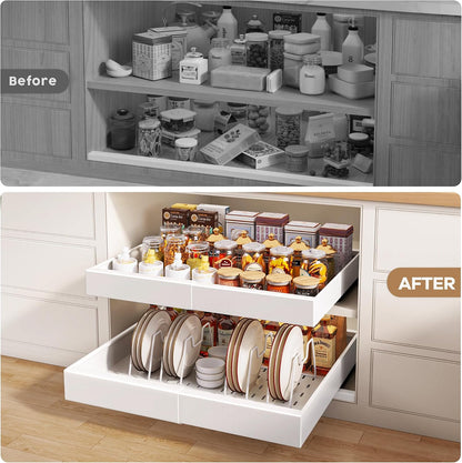 Seinloes 2Pack Pull out Cabinet Organizer 21"Deep with 4 Adjustable Dividers,Expandable（12.1"-20.4"W） Pots and Pans Organizer Under Cabinet with Raising Pad for Framed Cabinets,Slide out Drawers,White