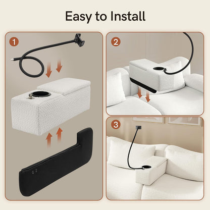 Couch Caddy with Cup Holder, 20.3 Inch White Armrest Console | Removable Sofa Armrest Organizer with Charging and Phone Holder, Storage for Remotes, Snacks and Everyday Essentials