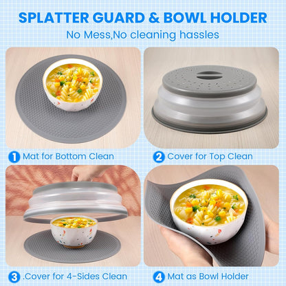 Microwave Splatter Cover Collapsible Microwave Cover for Food 10.5 inch | Easy Grip Handle, Fruit Drainer, BPA-Free, Dishwasher Safe, Grey