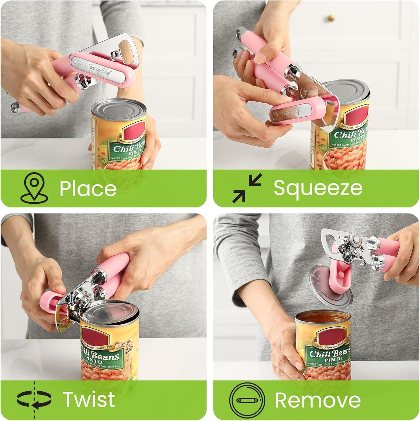 Spring Chef Stainless Steel Manual Can Opener with Soft Grip Handles, Black | Heavy Duty Hand Can Opener for Seniors with Smooth Edge, Easy Turn, 3in1 Can Opener with Magnetic Lid Remover & Bottle Opener