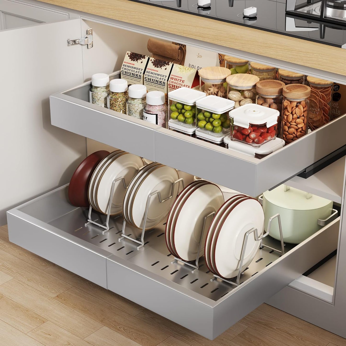 Seinloes 2Pack Pull out Cabinet Organizer 21"Deep with 4 Adjustable Dividers,Expandable（12.1"-20.4"W） Pots and Pans Organizer Under Cabinet with Raising Pad for Framed Cabinets,Slide out Drawers,White