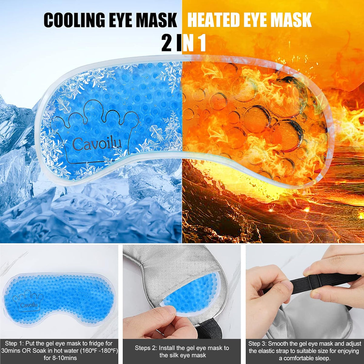 Silk Sleep Mask with Cooling Gel Eye Mask, Warm and Cold Compress, Heated Eye Mask for Tired Eyes, Stain Eye Cover Sleeping Mask for Travel, Home, Office, Yoga, Total Blackout (Black)