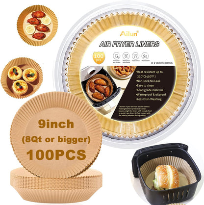 Ailun 100PCS Air Fryer Paper Liners 8 Inch,for 5-8 QT Air Fryer | Oil Resistant, Disposable Food Grade, Free of Bleach Paper, Round, Non-Stick Parchment Paper, Baking, Roasting, Microwave