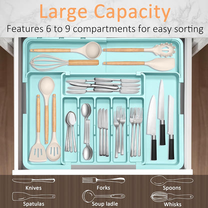 Large Silverware Drawer Organizer Expandable Kitchen Utensil Organizer BPA Free Flatware Cutlery Holder Tray Adjustable Plastic Drawer Divider Storage for Forks Knives 6-9 Slots White