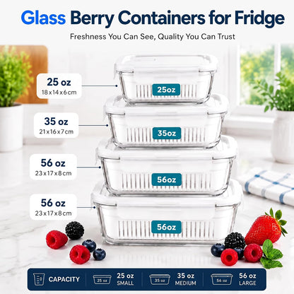 4 Pack Glass Berry storage containers for fridge with Removable Colander and Vent Valve, Fresh fruit Produce Storage Set（white）