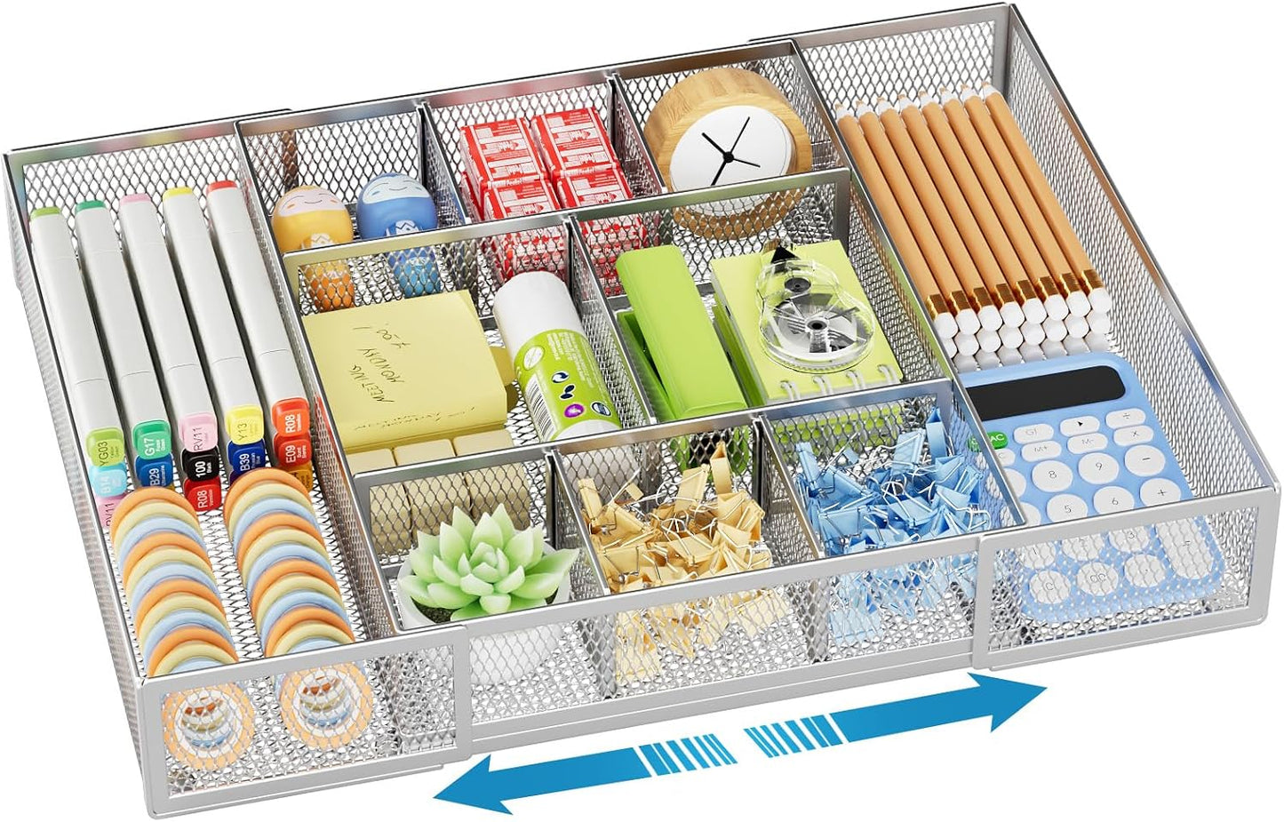 Marbrasse Expandable Desk Drawer Organizer, Mesh Drawer Organizer Tray with 10 Adjustable Compartments, Desk Organizers and Accessories, 5 Dividers Drawer for Office Supplies, Makeup & Vanity (Black)