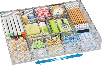 Marbrasse Expandable Desk Drawer Organizer, Mesh Drawer Organizer Tray with 10 Adjustable Compartments, Desk Organizers and Accessories, 5 Dividers Drawer for Office Supplies, Makeup & Vanity (Black)