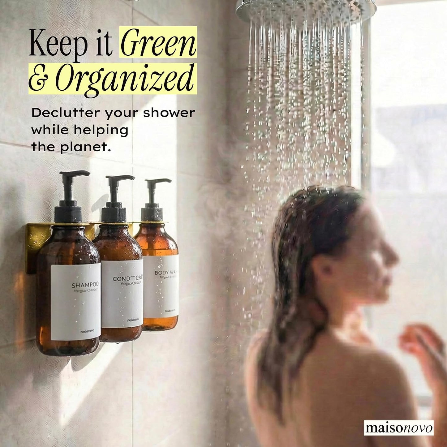 MaisoNovo Shampoo and Conditioner Dispenser|Refillable Black Set of 3 | 500 ml Shower Gel Dispenser Set of 3. Refillable Shampoo and Conditioner Bottles. Drill Free Secure Design. Black