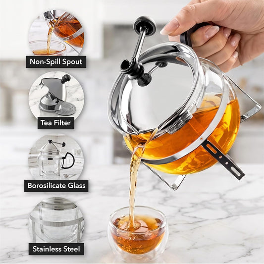 OVENTE Glass Teapot with Removable Stainless Steel Infuser, Clear FGH17T | 17oz Small Heat Resistant Borosilicate Pot, Blooming and Loose Leaf Tea Maker, Ideal for Personal Use Camping Travel Gifts