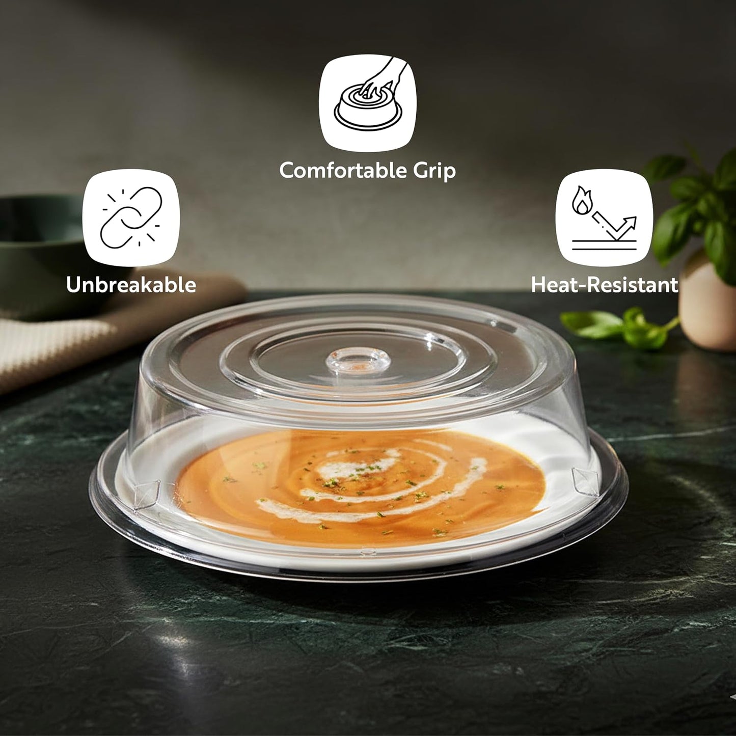 Restaurantware Cater Tek 11 Inch Polycarbonate Plate Cover 1 Shatterproof Dish Cover - Microwavable Endures Up To 210F Clear Plastic Splatter Cover With Finger Hole For 11 Inch Plates