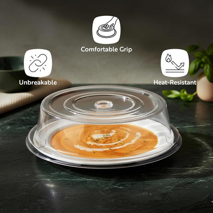 Restaurantware Cater Tek 11 Inch Polycarbonate Plate Cover 1 Shatterproof Dish Cover - Microwavable Endures Up To 210F Clear Plastic Splatter Cover With Finger Hole For 11 Inch Plates