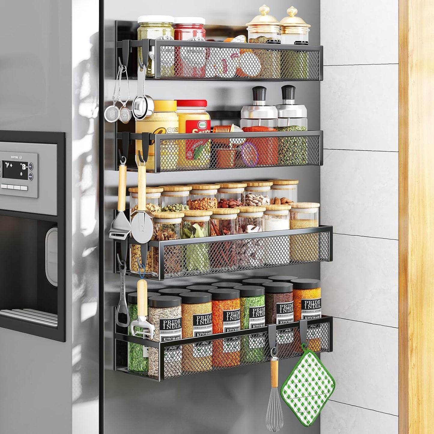 Aufworld Magnetic Spice Rack for Refrigerator, 3 Pack Magnetic Shelf, Moveable Fridge Organizer with 8-Hook Rack, Seasoning Organizer for Kitchen