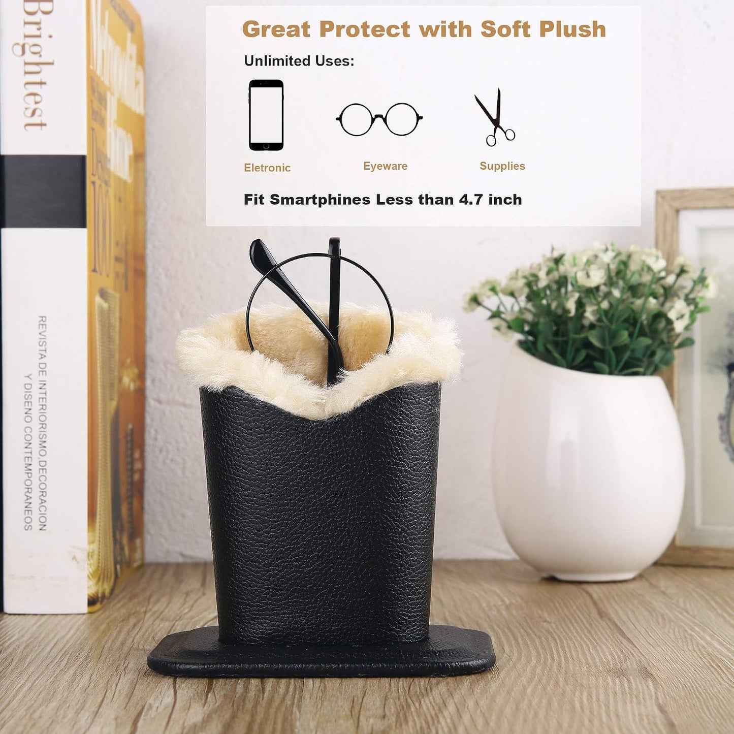Siveit Plush Lined Eyeglass Holder, PU Leather Eyeglass Case, Anti-Scratch Glasses Storage Organizer for Desk Office Nightstand,2 Packs (Black, Navy)