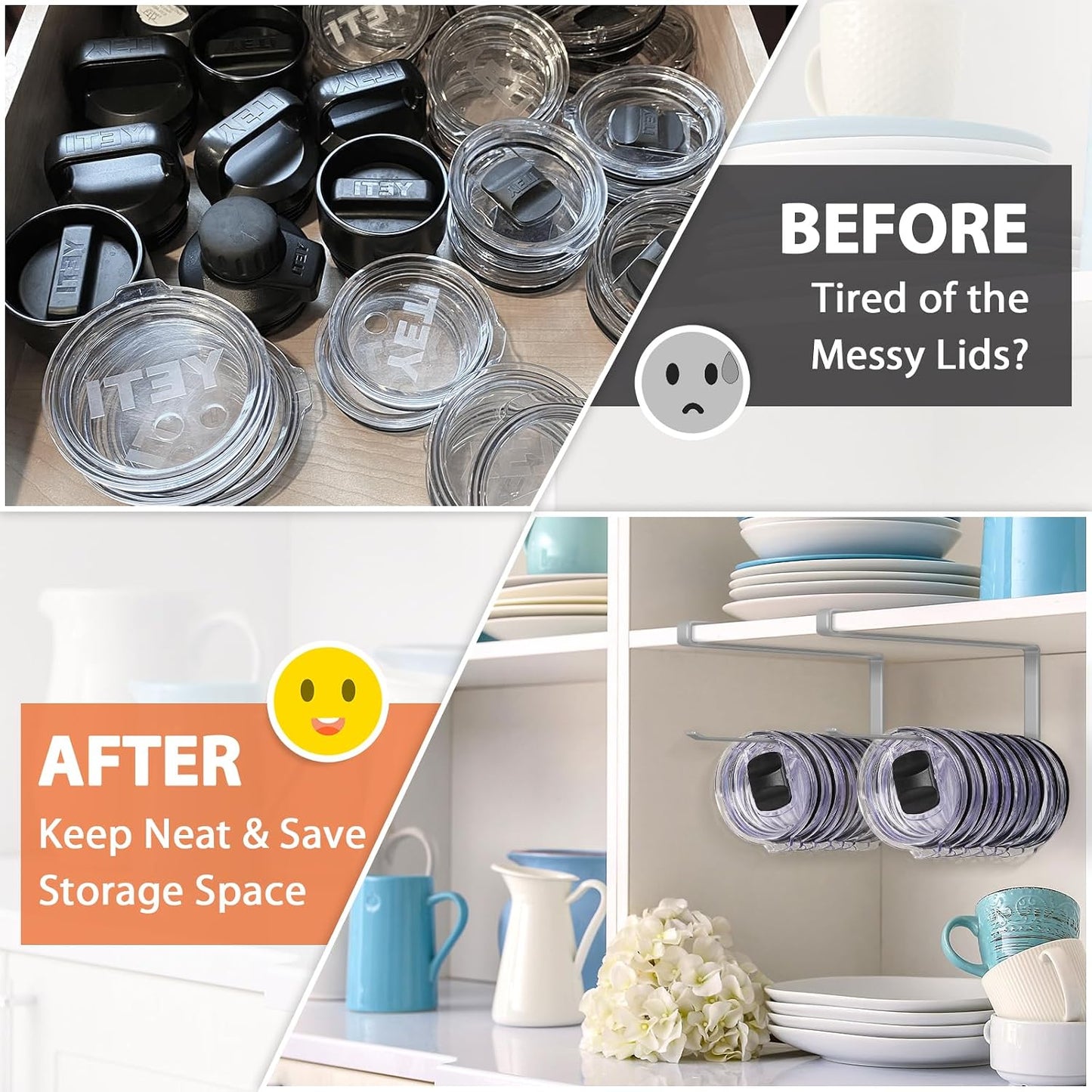 Tumbler Lid Organizer, Versatile Tumbler Lid Storage Holds 10 Lids, Black | Space Saving Cup Lid Organizers Inside Cabinet Tumbler Lid Hook for Kitchen Organizer and Storage, Paper Towel Rack Hanger