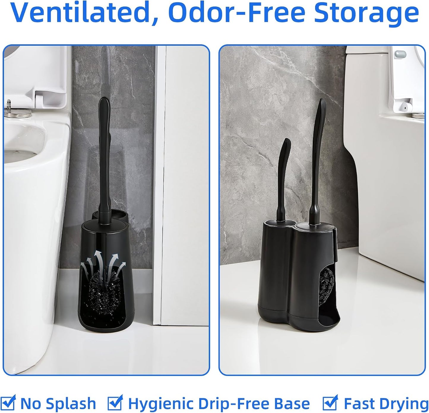 Toilet Brush and Holder Set with Pumice Stone Toilet Bowl Cleaner | Long-handle Scrubber with Ventilated Holder and Pumice Stone for Hard Water Stains, Limescale and Toilet Rings