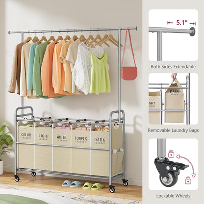 Laundry Cart with Hanging Rack, 65 Gal. Large Laundry Hamper, Beige | Rolling Laundry Cart with Hanging Bar with Removable Bag and Lockable Wheels, Separator Hamper Cart for Bedroom, Bathroom