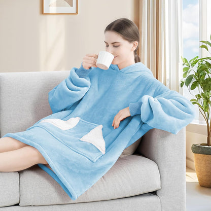Wearable Blanket Hoodie, Oversized Sherpa Fleece Sweatshirt Blanket with Giant Hood Pocket and Sleeves for Adult, Warm & Cozy Grey Blanket Gifts for Women