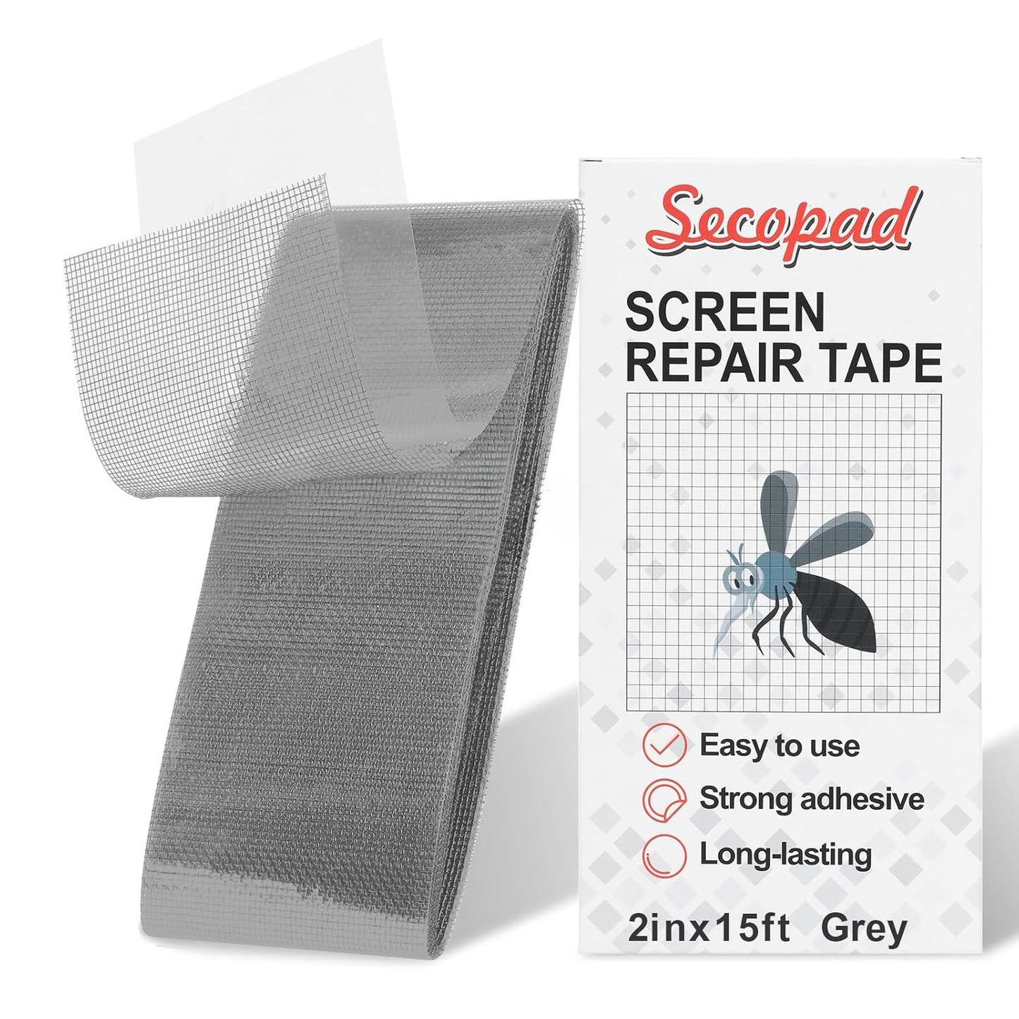 Secopad 2" x 180" (15FT) Screen Repair Tape, Fold Screen Repair Kit, Grey | Window Screen Patch, Quick Repair, Strong Adhesive, Easy to Use, For Mesh Window & Door, Cuttable Fiberglass, No Tools Needed