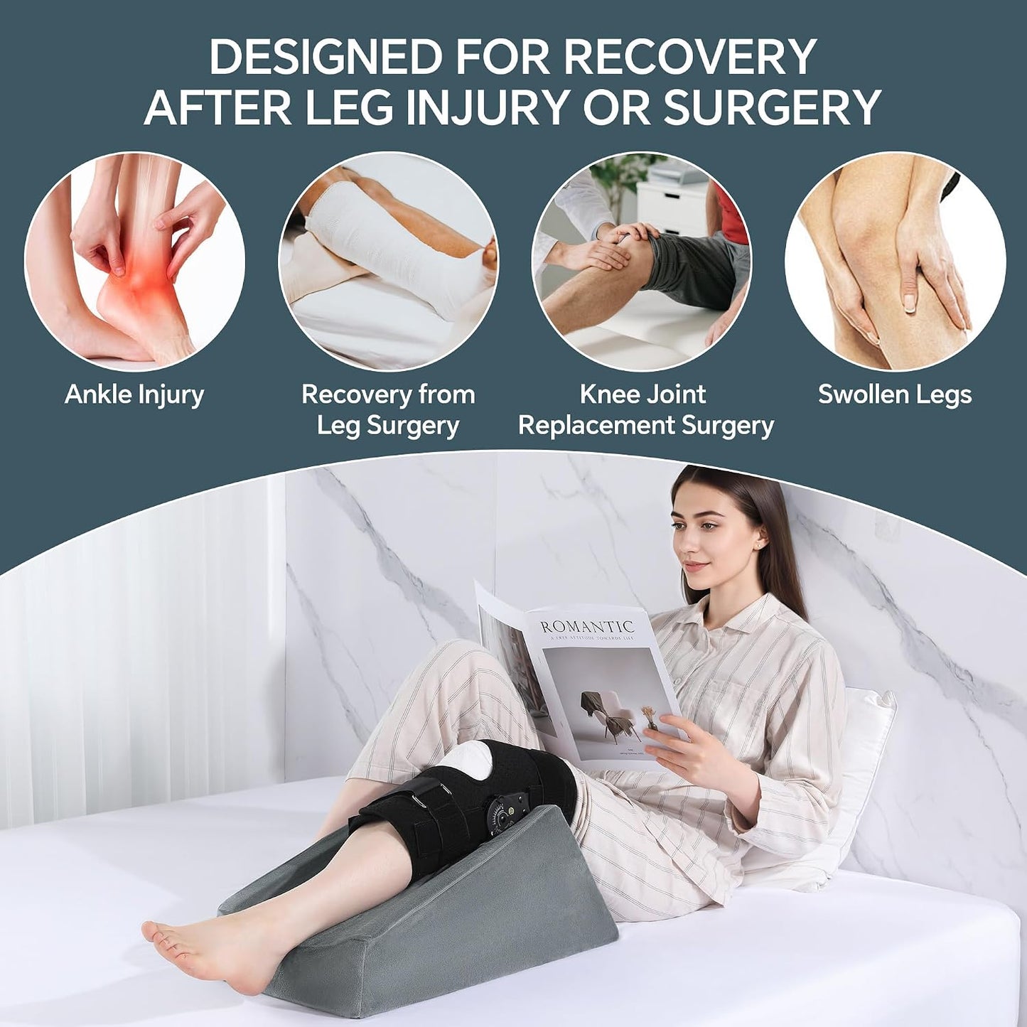 ROYALAY Knee Replacement Recovery Aids with Pockets, Knee Elevation Pillow Post Surgery with Handles, Leg Elevation Support After Hip Ankle Foot Surgery