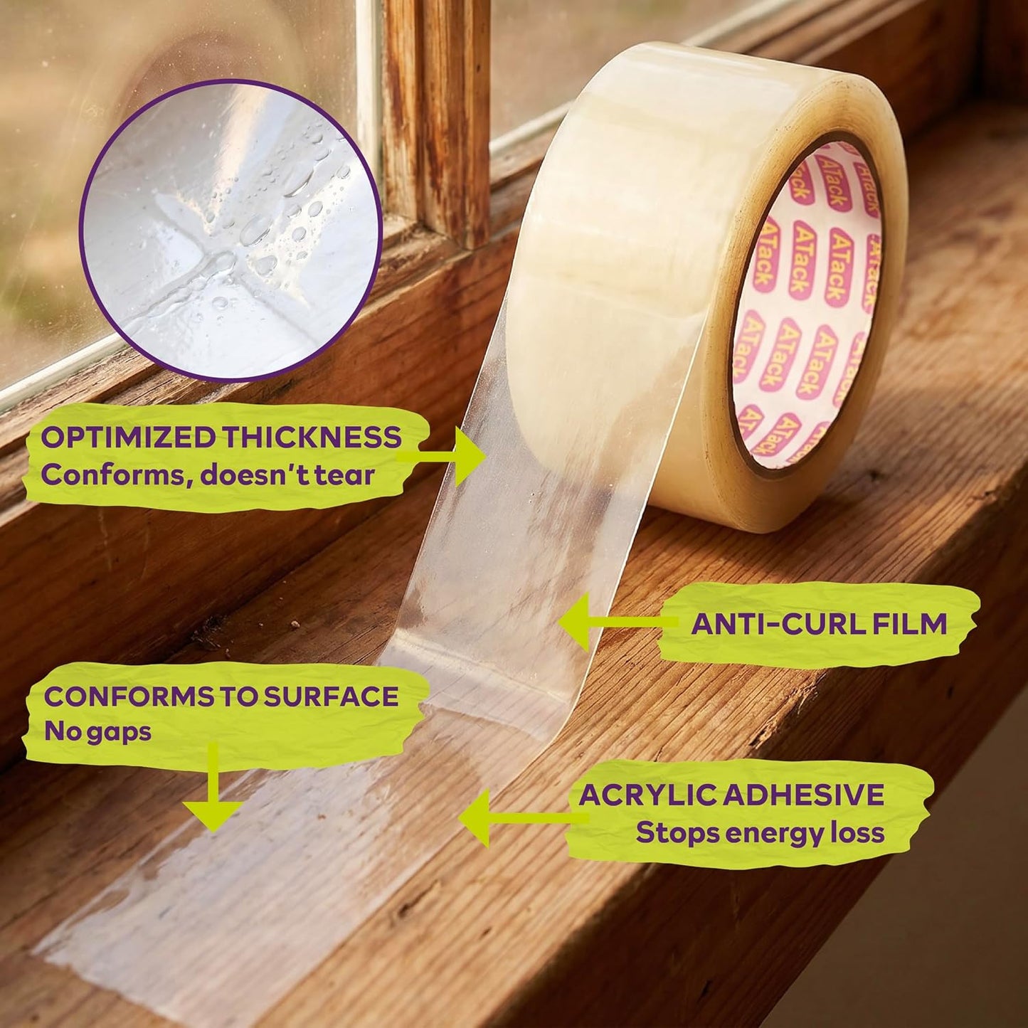 ATack Transparent Window Weather Sealing Tape, 2-Inch x 30 Yards, Clear Window Draft Isolation Sealing Film Tape- No Residue, Surface-Safe, Wood-Safe, Removes Cleanly