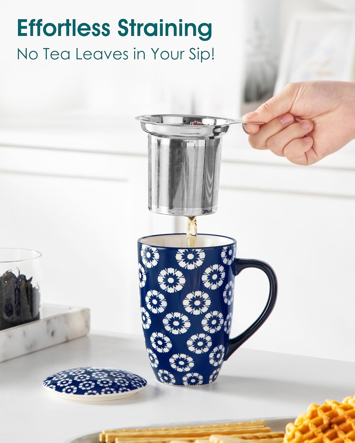 vancasso SELENE Porcelain Tea Mug, 18 oz Porcelain Tea Cup with Infuser and Lid Steeps Loose Leaf Tea, Microwave & Dishwasher Safe, Five-Leaf Clover