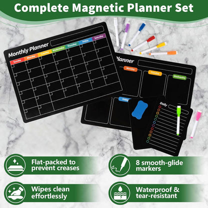 FINDMAG 4 Pack Fridge Calendar, Magnetic Calendar for Dry Erase, Black | Magnetic Dry Erase Board, Monthly Calendar for Fridge with 8 Markers & Eraser