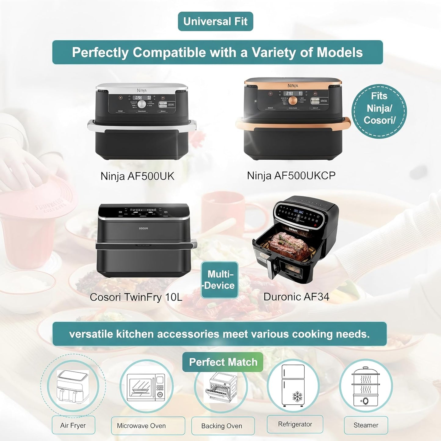 Szyeequoo Silicone Air Fryer Liners 2 Pack for Ninja Dual Zone, 1 Perforated and 1 Solid, Rectangle Reusable Liners for DZ201 DZ401 DZ550 DZ302, COSORI 9QT Instant Chefman Dual Basket Air Fryers