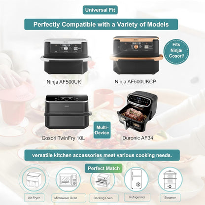 Szyeequoo Silicone Air Fryer Liners 2 Pack for Ninja Dual Zone, 1 Perforated and 1 Solid, Rectangle Reusable Liners for DZ201 DZ401 DZ550 DZ302, COSORI 9QT Instant Chefman Dual Basket Air Fryers