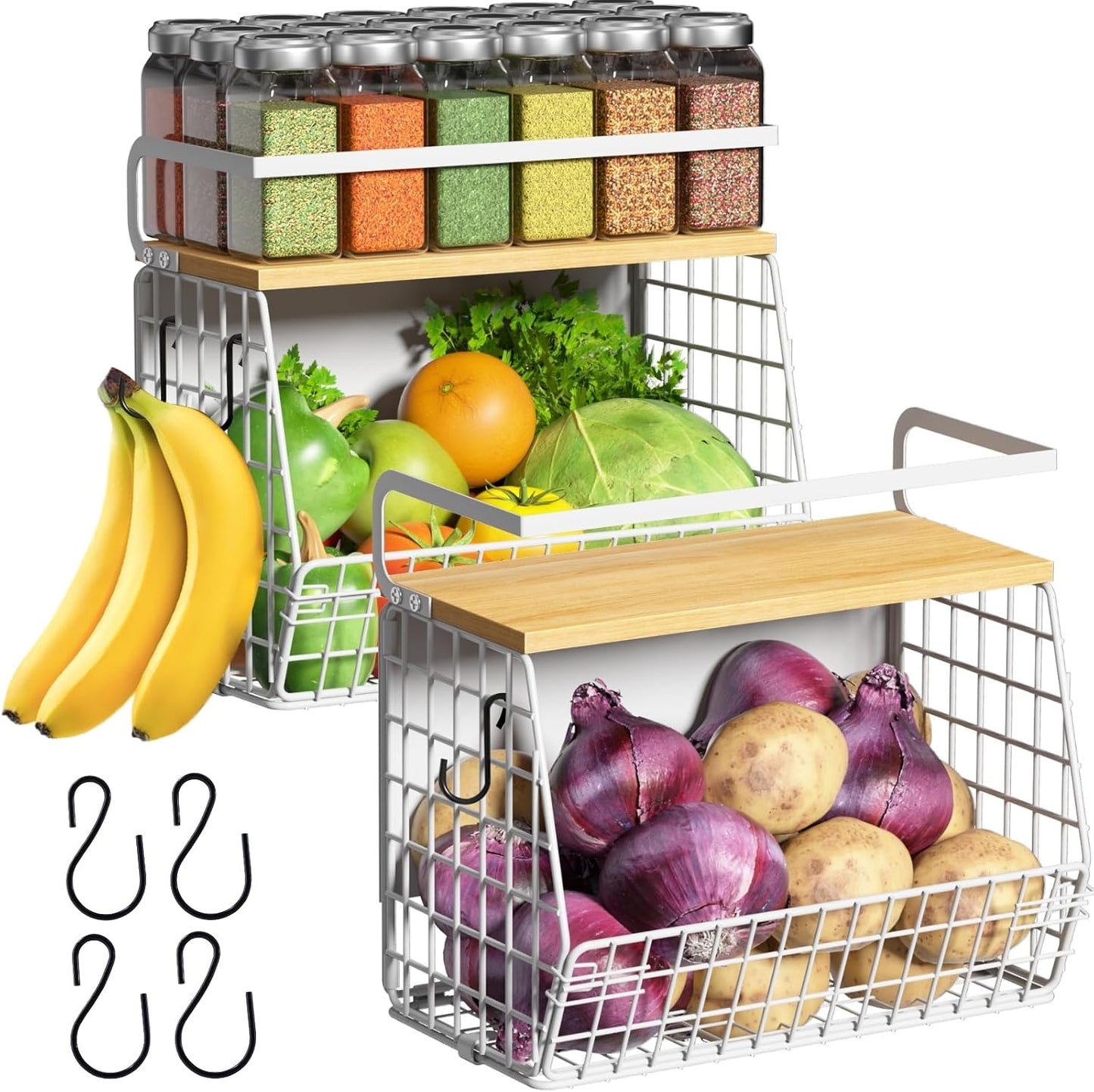 Magnetic Shelf for Fridge with Wood Lid, Fruit Potato and Onion Storage Bins, Pantry Organizers & Storage, Large Container Magnetic Spice Rack for Refrigerator, Kitchen Counter, Cabinet | Strong magnet holds 50lbs, ventilated bin for produce, versatile
