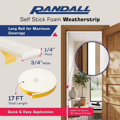 Weather Stripping Foam Tape, 17 Ft Door Seal Strip, EVA Material, High Density 1/4" Thick, No Residue Adhesive, Weatherproof Door Seal Strip for Sliding Door, Windows, White (3/8" Wide)