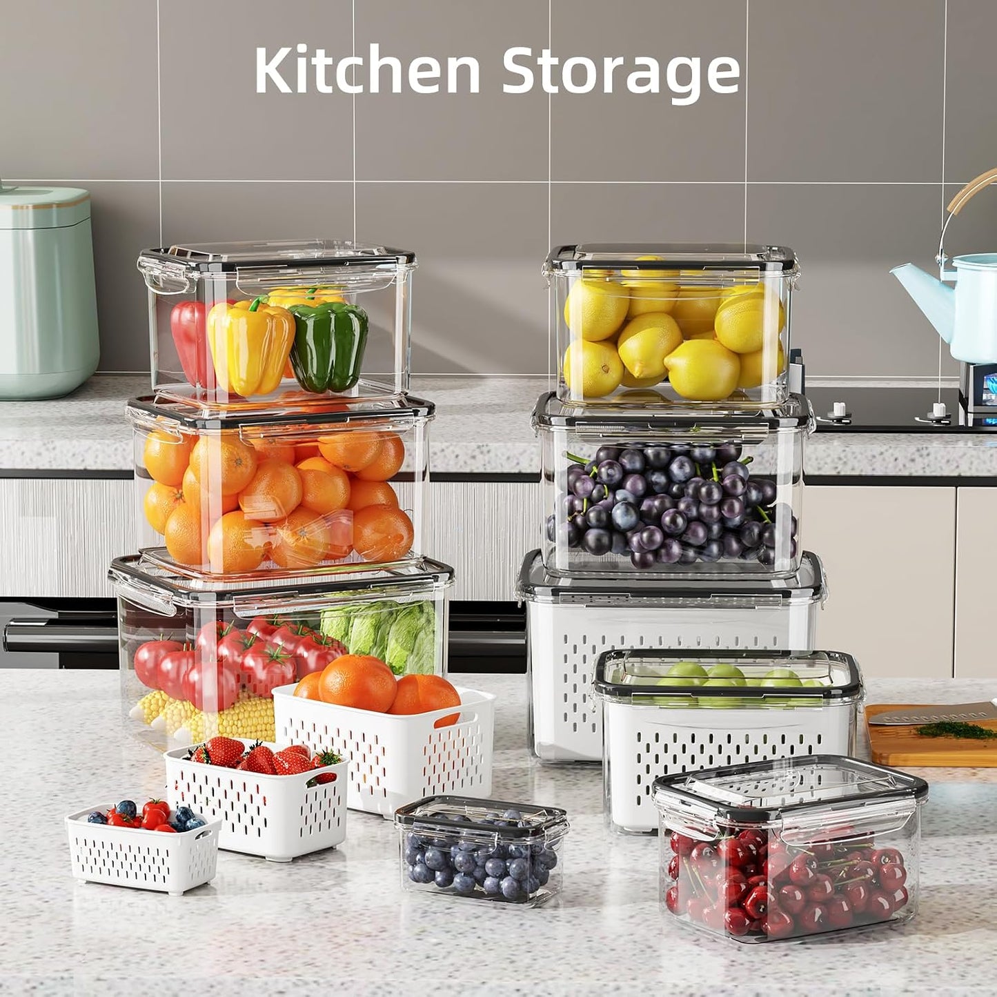 Fruit Storage Container for Fridge with Removable Colander, 6 Pack | Leakproof Produce Containers for Fridge, Airtight Food Storage Container, Keep Fruit, Veggies, Berry, Salad Fresh Longer