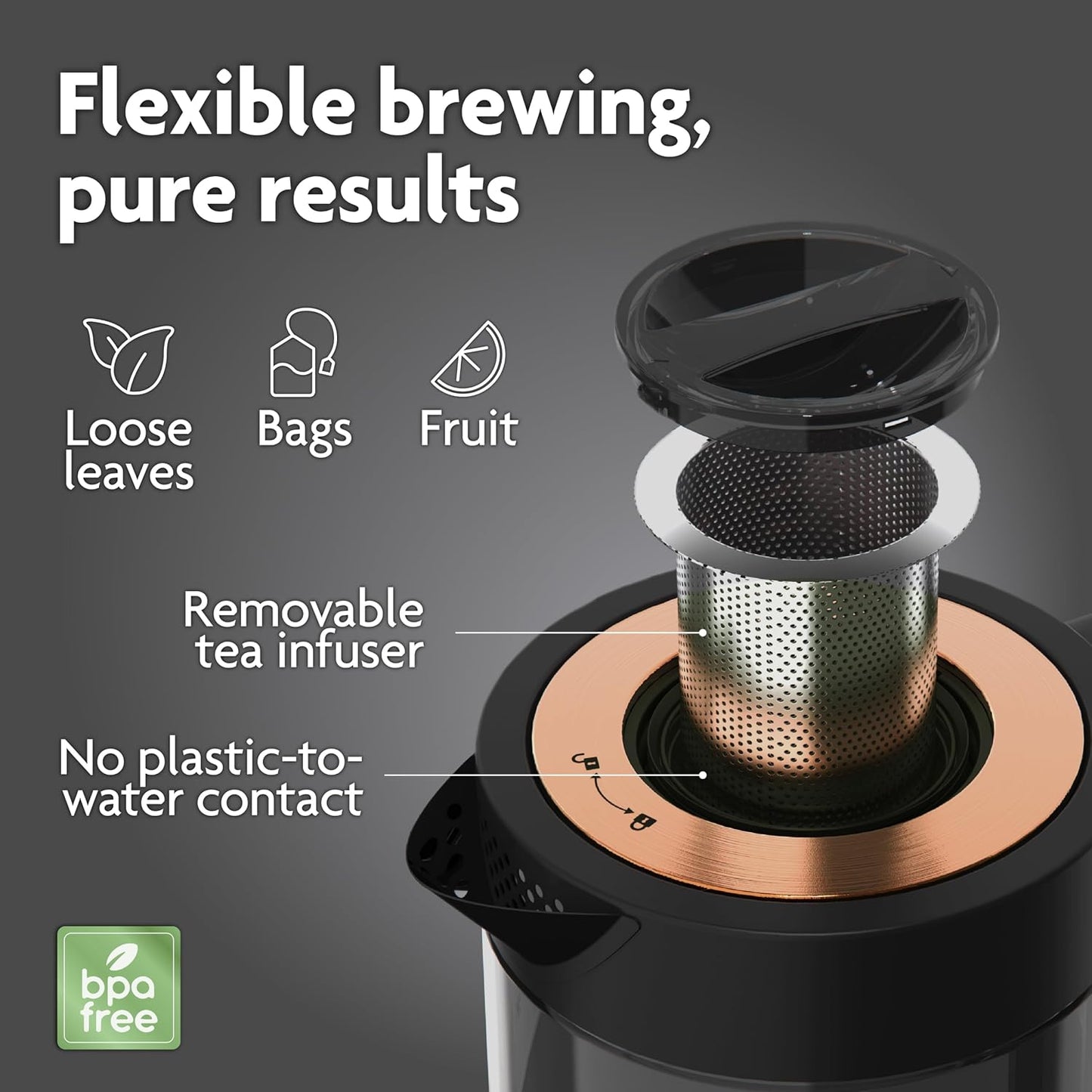 Viante Alba Electric Tea Kettle With Infuser, No Plastic, 1.5L | Borosilicate glass & 304 stainless steel construction. 4 temp presets, keep-warm, cordless, auto shut-off
