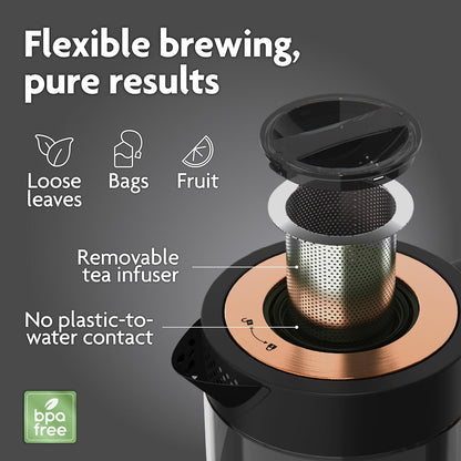 Viante Alba Electric Tea Kettle With Infuser, No Plastic, 1.5L | Borosilicate glass & 304 stainless steel construction. 4 temp presets, keep-warm, cordless, auto shut-off
